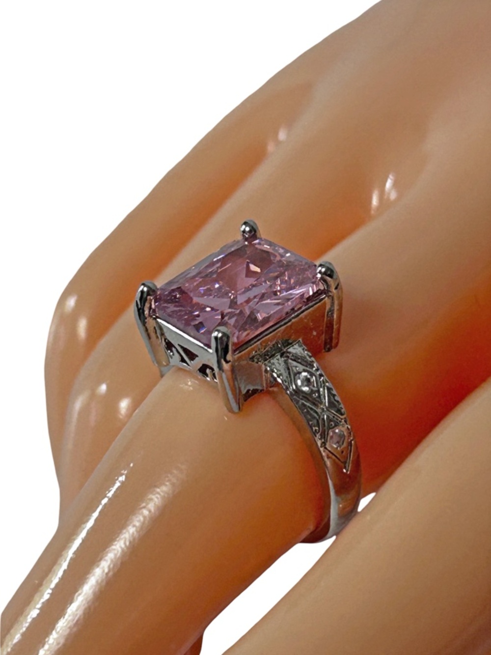 Dinner Ring Cubic Zirconia Pink Rectangular Stone Silver Plate Art Deco Inspired